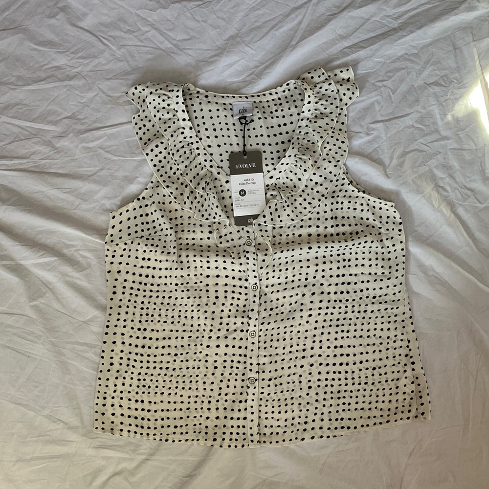 NWT CAbi Polka-Dot Top #4553: Black and White Ruffle Blouse